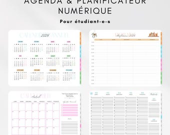 Op de afbeelding: Een digitale agenda en planner voor studenten met vier verschillende paginalay-outs. De pagina's bevatten een jaarlijkse kalender voor 2026, een weekschema, een maandelijkse kalender voor april en een dagelijkse takenlijst met tijdslots.