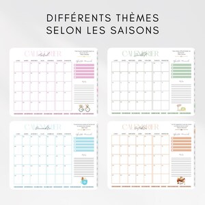 Op de afbeelding: Vier kleurrijke maandelijkse plannerpagina's met de tekst "DIFF&Eacute;RENTS TH&Egrave;MES SELON LES SAISONS" bovenaan. Elke planner heeft een ander kleurenschema, waaronder roze, groen, blauw en oranje. Elke planner heeft een kalenderraster en een notitiegedeelte.