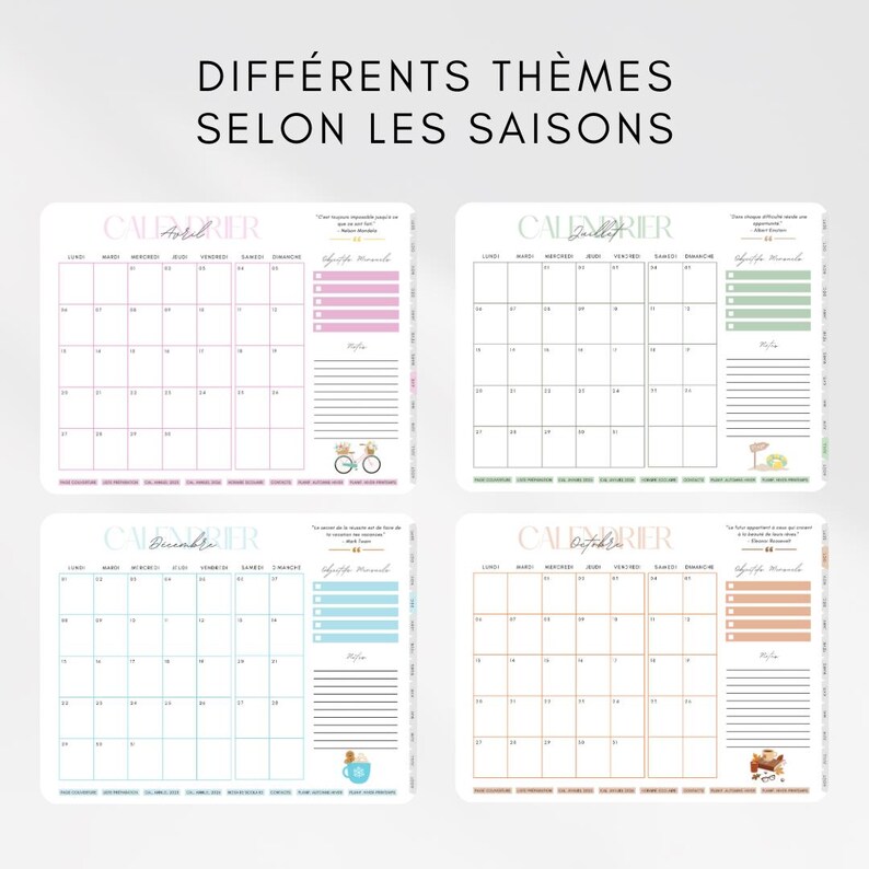 Op de afbeelding: Vier kleurrijke maandelijkse plannerpagina's met de tekst "DIFF&Eacute;RENTS TH&Egrave;MES SELON LES SAISONS" bovenaan. Elke planner heeft een ander kleurenschema, waaronder roze, groen, blauw en oranje. Elke planner heeft een kalenderraster en een notitiegedeelte.