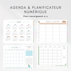 Op de afbeelding: Digitale planner en agenda met de tekst "AGENDA & PLANIFICATEUR NUM&Eacute;RIQUE Pour enseignant-e-s". De afbeelding toont kalenderpagina's voor 2025 en maandelijkse en wekelijkse planning layouts. De pagina's hebben pastelkleuraccenten.