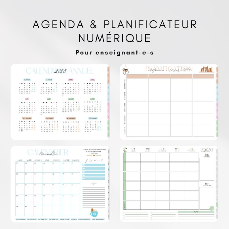 Op de afbeelding: Digitale planner en agenda met de tekst "AGENDA & PLANIFICATEUR NUM&Eacute;RIQUE Pour enseignant-e-s". De afbeelding toont kalenderpagina's voor 2025 en maandelijkse en wekelijkse planning layouts. De pagina's hebben pastelkleuraccenten.