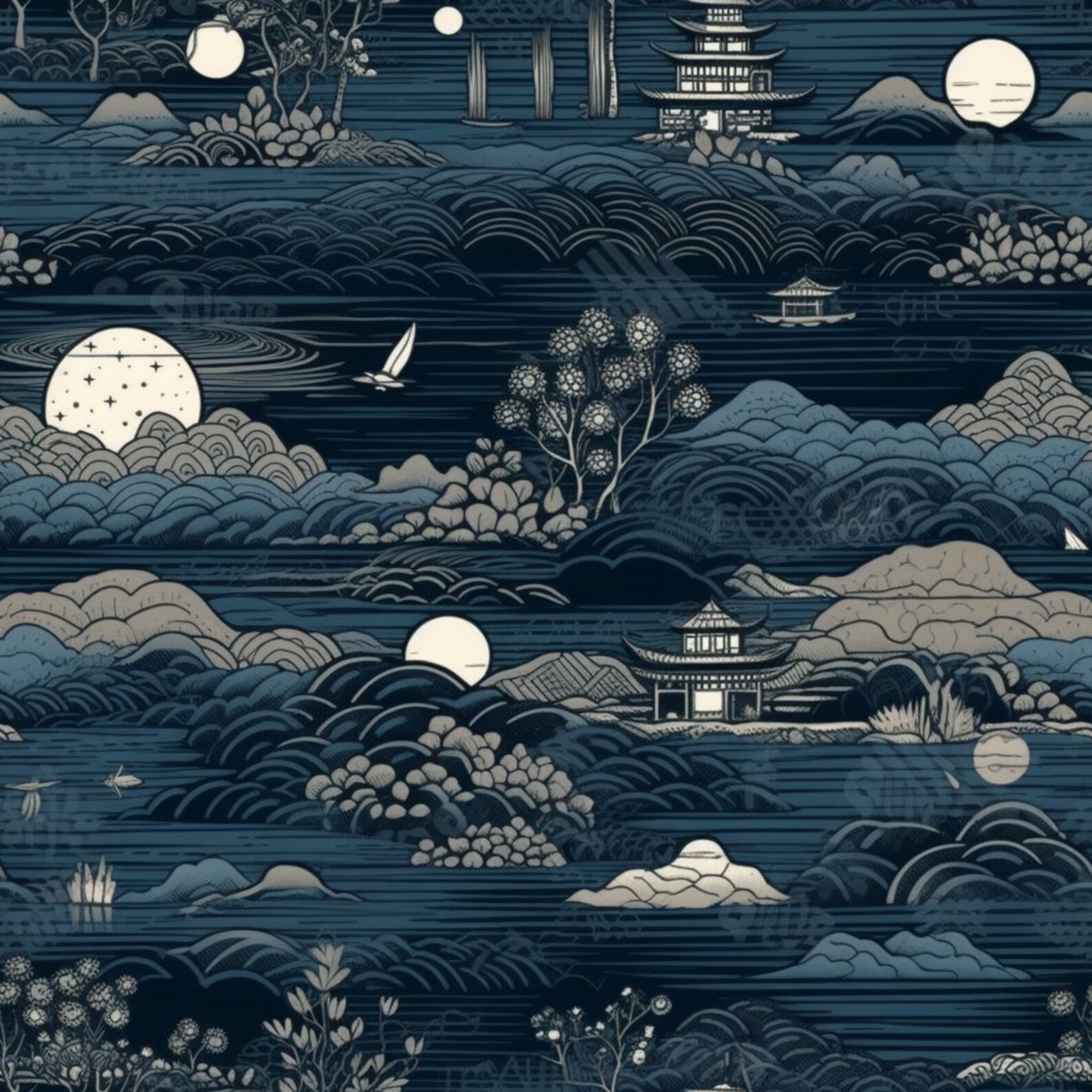 Japanese Ocean Pattern in Traditional Style of Hiroshige - Etsy