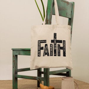Faith Cotton Canvas Tote Bag - Christian Religious Reusable Shopping Shoulder Handbag for Women, Bible Study Gift, Inspirational Church