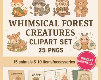 Whimsical Forest Animal Clipart | Kawaii Woodland Creatures PNG | Pastel Cute Animal Stickers | Transparent Forest Animal PNG