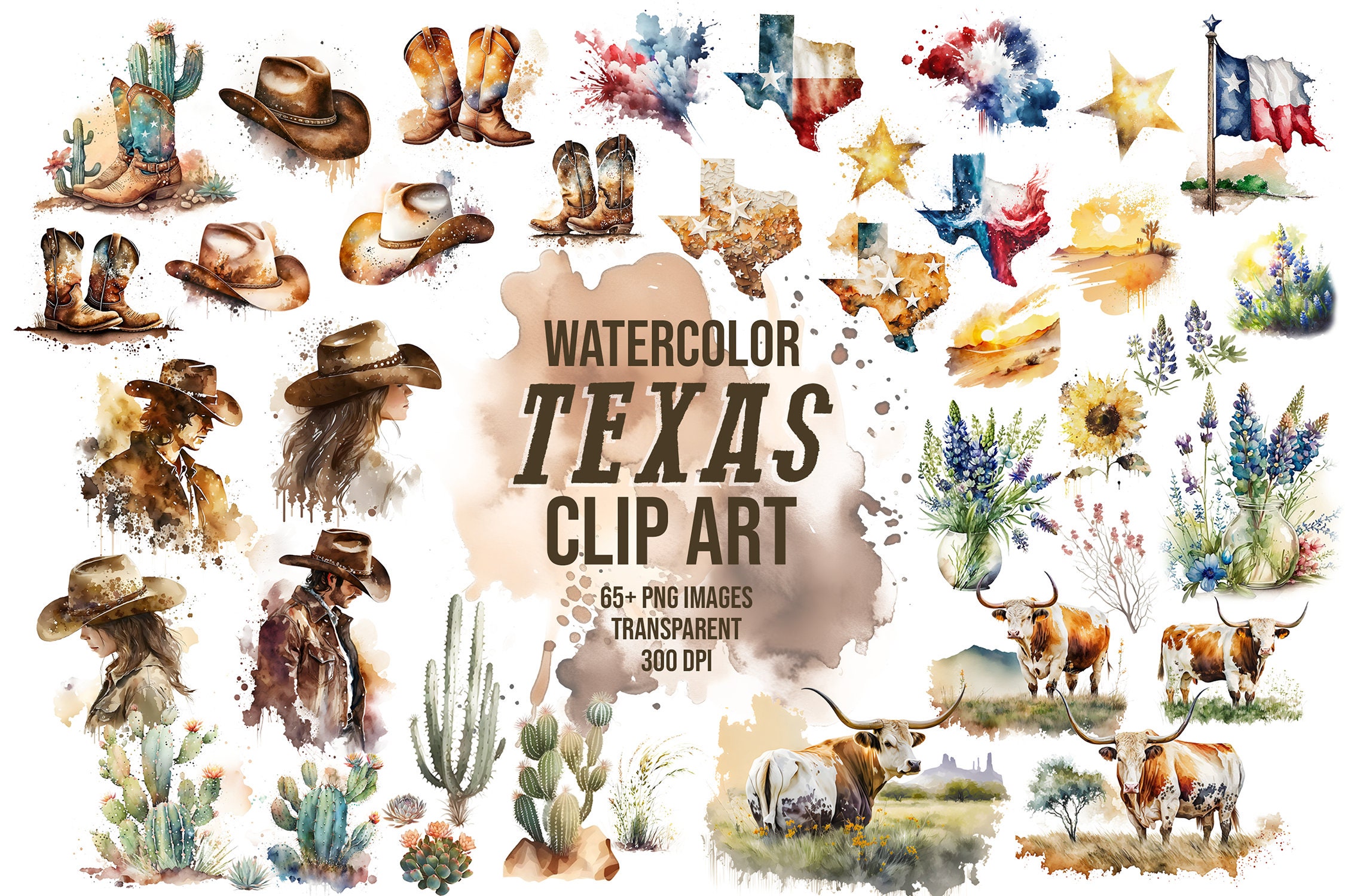 Watercolor Texas Clipart & Wild West Decor - Western Home Art, Flower Wall Art, Transparent PNG Download