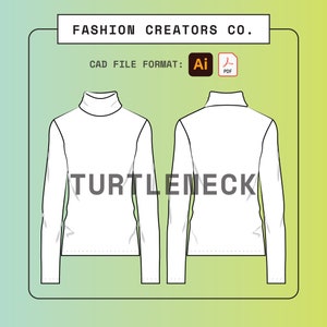Könnte beinhalten: Ein weißer Rollkragenpullover mit langen Ärmeln. Die Vorder- und Rückseite des Pullovers sind abgebildet. Der Text "TURTLENECK" ist auf dem Pullover aufgedruckt.