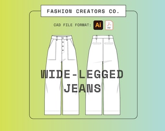 Wide Jean / Boceto plano de moda digital / Dibujo vectorial / CAD / Plantilla de paquete técnico / Ropa / Illustrator .AI / PDF / Descarga de archivos
