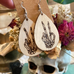 Pyrography Earrings: Hand Burned Wooden Skeleton Peace Sign - Alternative Fashion