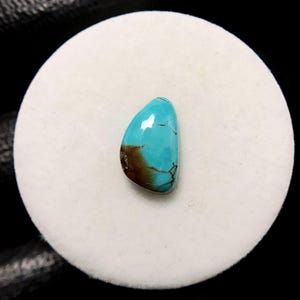 Puede incluir: Una piedra preciosa turquesa pulida con forma de lágrima. La piedra presenta un tono turquesa vibrante con vetas marrones y negras y un acabado brillante. La piedra preciosa está colocada sobre un fondo blanco.