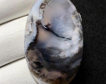 May include: An oval-shaped gemstone with a polished surface. The stone features a blend of colors, including white, gray, black, and brown, with a swirling, dendritic pattern. The gemstone is held by a white gloved hand.
