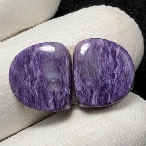 Può includere: Un paio di pietre cabochon viola e bianche con un motivo a spirale. Le pietre sono lisce e lucidate.