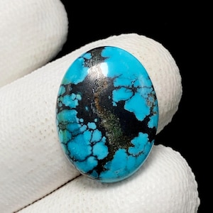 May include: Oval-shaped turquoise gemstone with a striking pattern of black matrix veins. The polished stone displays a vibrant blue hue with dark, irregular inclusions, creating a unique and natural design. The gemstone is held against a white background.