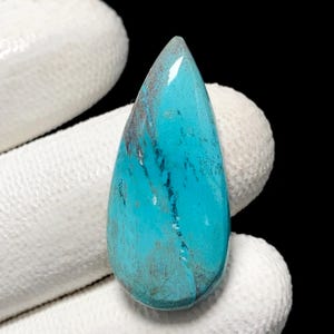 May include: A teardrop-shaped turquoise gemstone with dark brown veining. The polished stone is held in a white gloved hand against a black background. The gemstone has a glossy finish and a smooth surface.