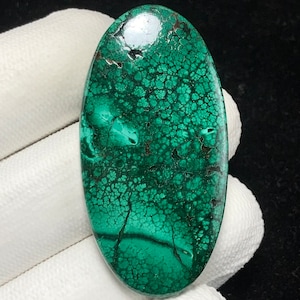 Może przedstawiać: Owalny, polerowany kamień szlachetny w żywym zielonym kolorze z misternymi, teksturowanymi wzorami. Powierzchnia wykazuje sieć ciemnych, żyłkowatych linii, tworząc unikalny wzór. Ten kamień szlachetny jest prawdopodobnie przeznaczony do biżuterii lub celów dekoracyjnych.