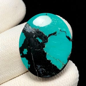 May include: Oval turquoise gemstone with black veining. The polished stone has a glossy finish and a white inclusion. The gemstone is held against a white fabric background.