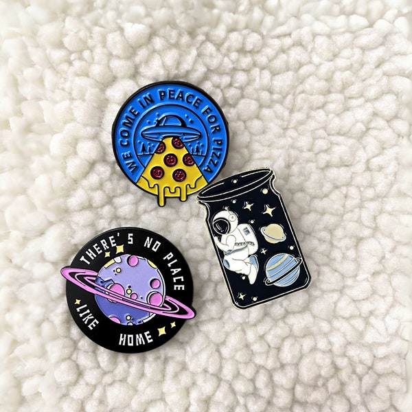 Funny Enamel Pins, We Come In Peace For Pizza, There’s No Place Like Home, Astronaut in a bottle, Cool Enamel Pins For Hat Backpack Jacket