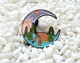 Cabin in the Moon Enamel Pin: Nature Lover Gift
