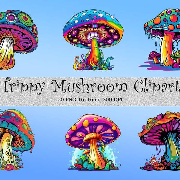 Trippy Psychedelic Colorful Mushroom Clipart, 20 Individual PNG Files