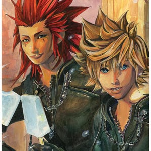May include: A watercolor painting of two anime characters, one with red hair and the other with blonde hair. They are both wearing black leather jackets and are looking at the viewer. The character with red hair is holding a white object in their hand.