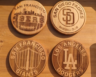 Set of ANY 4 Pro Sports Team Logos Custom Coasters Individual Engraved 4 Inch Wooden Round Personalized Perfect Gift For Any Occasion