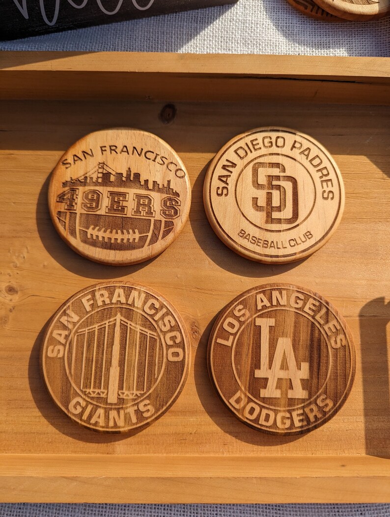 Set of ANY 4 Pro Sports Team Logos Custom Coasters Individual Engraved