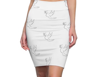 Doves On Skirt, Doves On Mini, Dove, Bird Of Peace, All Over Print, Mini Skirt, White Mini, Skirt, Women's Skirt, Pencil Skirt