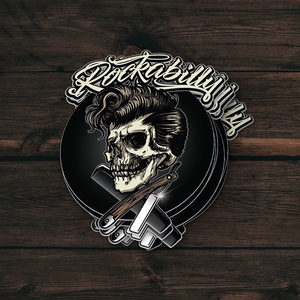 Rockabilly Skull Barber Sticker, Rockabilly Laptop Sticker, 50s Retro Sticker, Hot Rod Stickers, Stickers for Water Bottle, Vinyl Stickers