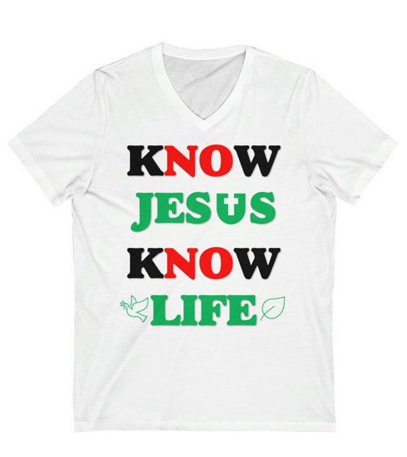 Know Jesus Know Life" Men's V-Neck T-Shirt - 100% Airlume Combed & Ringspun Cotton - Christian Faith Apparel
