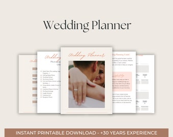 May include: A printable wedding planner with a checklist for photography, a section for wedding planning tips, and a section for vendor information. The cover features a couple embracing.