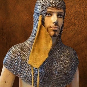 Chain Mail Coif / Hood Flat Riveted Solid Ring Intetrated Coif Leather,Leather Aventail,Chainmail Coif Aventail, Valentine Gift