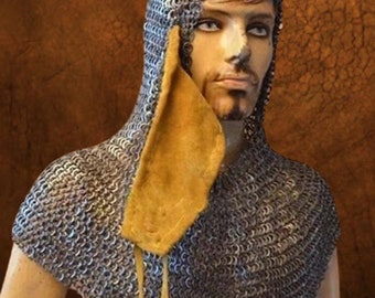 Chain Mail Coif / Hood Flat Riveted Solid Ring Intetrated Coif Leather,Leather Aventail,Chainmail Coif Aventail, Valentine Gift