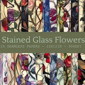 May include: 24 seamless digital papers featuring stained glass floral designs in vibrant colours, including red, blue, purple, and yellow. Each paper is 12x12 inches and 300 DPI.