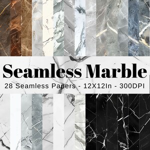 May include: A collection of 28 seamless marble patterns in various colors and veining. Each pattern is 12 inches by 12 inches and 300 DPI.