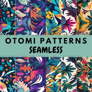 May include: A set of eight colourful, seamless Otomí patterns featuring intricate floral and geometric designs. The patterns are vibrant and bold, with a mix of bright colours like pink, blue, green, yellow, and orange.