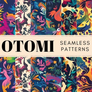 Può includere: Un set di 10 motivi Otomí senza cuciture, colorati, vibranti e intricati. I motivi presentano una varietà di forme geometriche, motivi floreali e figure animali. I motivi sono perfetti per l'uso in una varietà di progetti creativi, come la progettazione di tessuti, carta da parati e arte digitale.