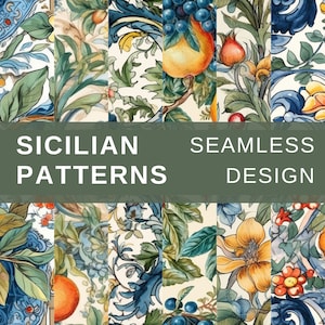 May include: A collection of six seamless patterns inspired by Sicilian tile designs. The patterns feature intricate floral motifs, fruits, and geometric shapes in a vibrant palette of blues, greens, yellows, and oranges.