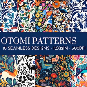 May include: A set of 10 digital seamless patterns featuring vibrant Otomí designs. The patterns include colourful flowers, birds, and geometric shapes in a variety of colours, including red, blue, green, yellow, and white. The patterns are 12x12 inches and 300 DPI.