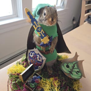 May include: A taxidermied squirrel dressed as a character from a video game, holding a sword and shield. The squirrel wears a green tunic and hat, with a black cape. A treasure chest with colorful gems and a wooden base with moss and decorative elements complete the scene.