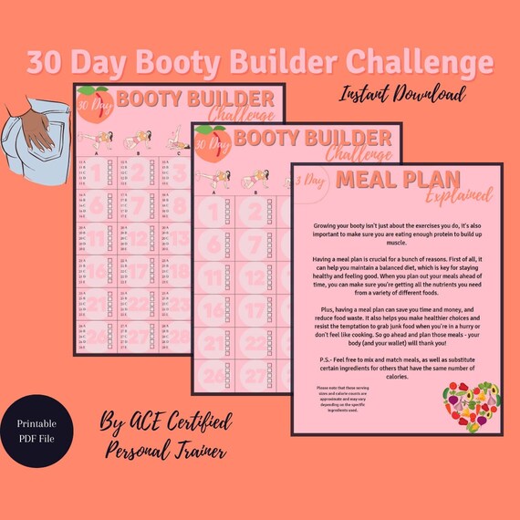 30 Day Glute Booty Builder Challenge With Meal Plan How to Get Bigger Glutes Glute Workout Plan Printable Meal Plan Glute Guide Etsy