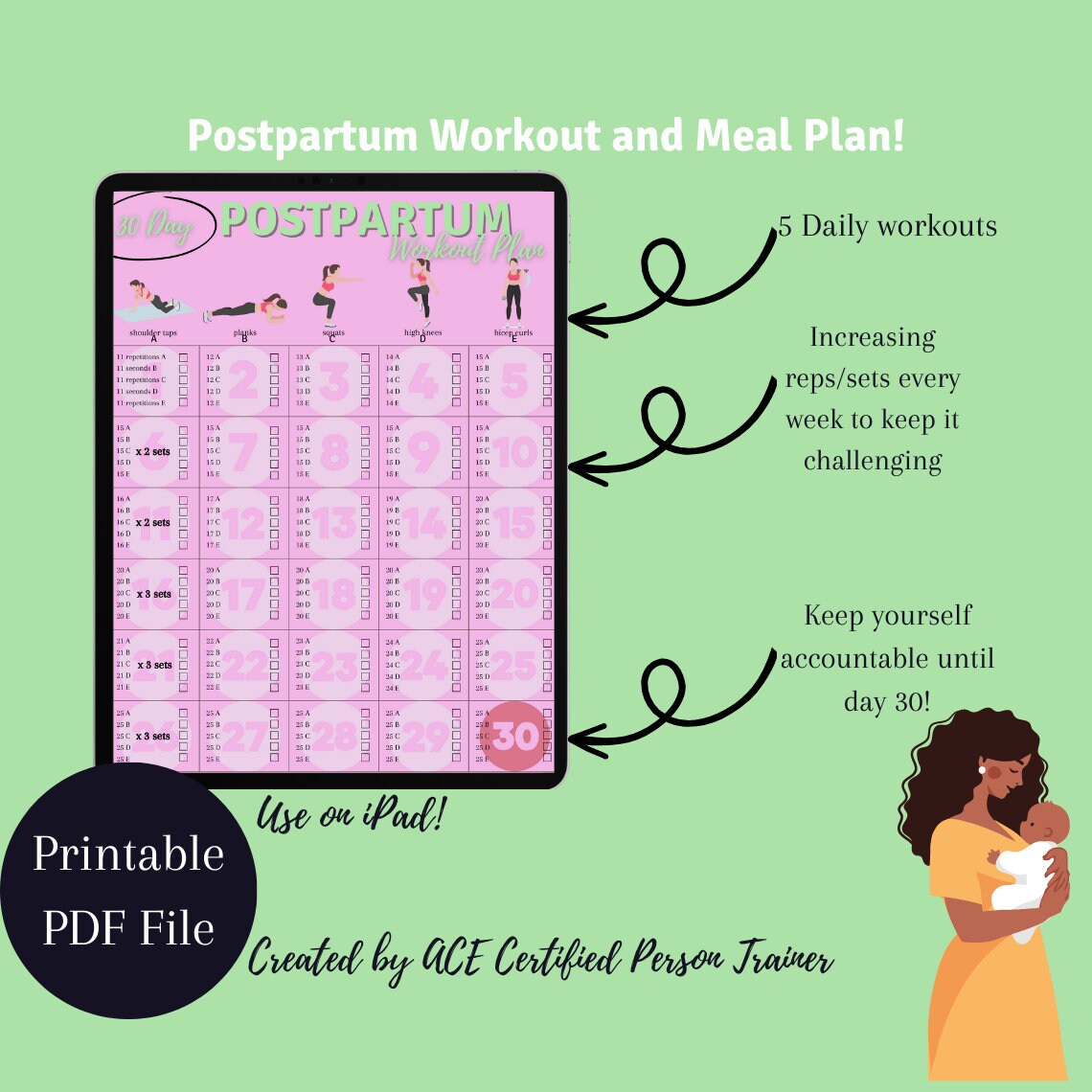 Mother's Postpartum Workout Guide AND Meal Plan How to Stay Fit After Baby  Stay at Home Mom Fitness Routine How to Lose Weight After Baby 