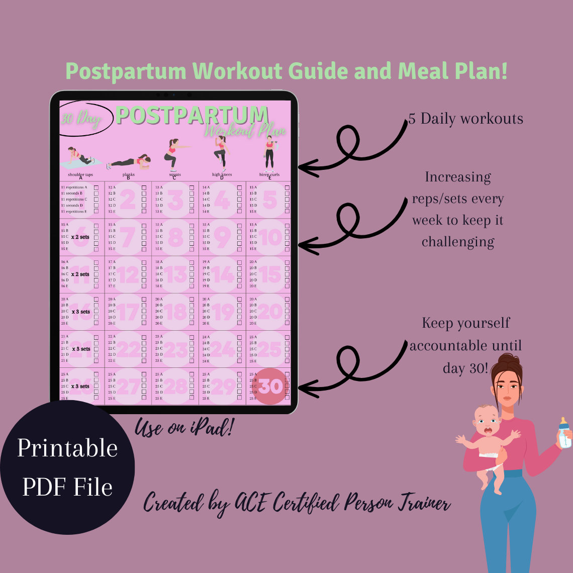 Fit Mom Postpartum Workout Plan AND Meal Plan Post Partum Workouts at Home Workouts No Equipment Workout Flat Stomach Workout Etsy