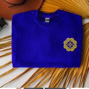 Hmong pattern embroidered left chest logo crewneck uni sex sweatshirt