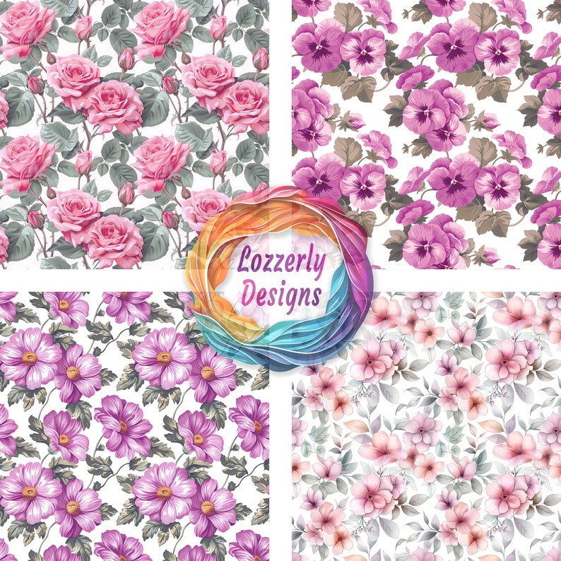 10 Pink Floral Printable Paper Seamless Patterns Pink Flowers Floral ...
