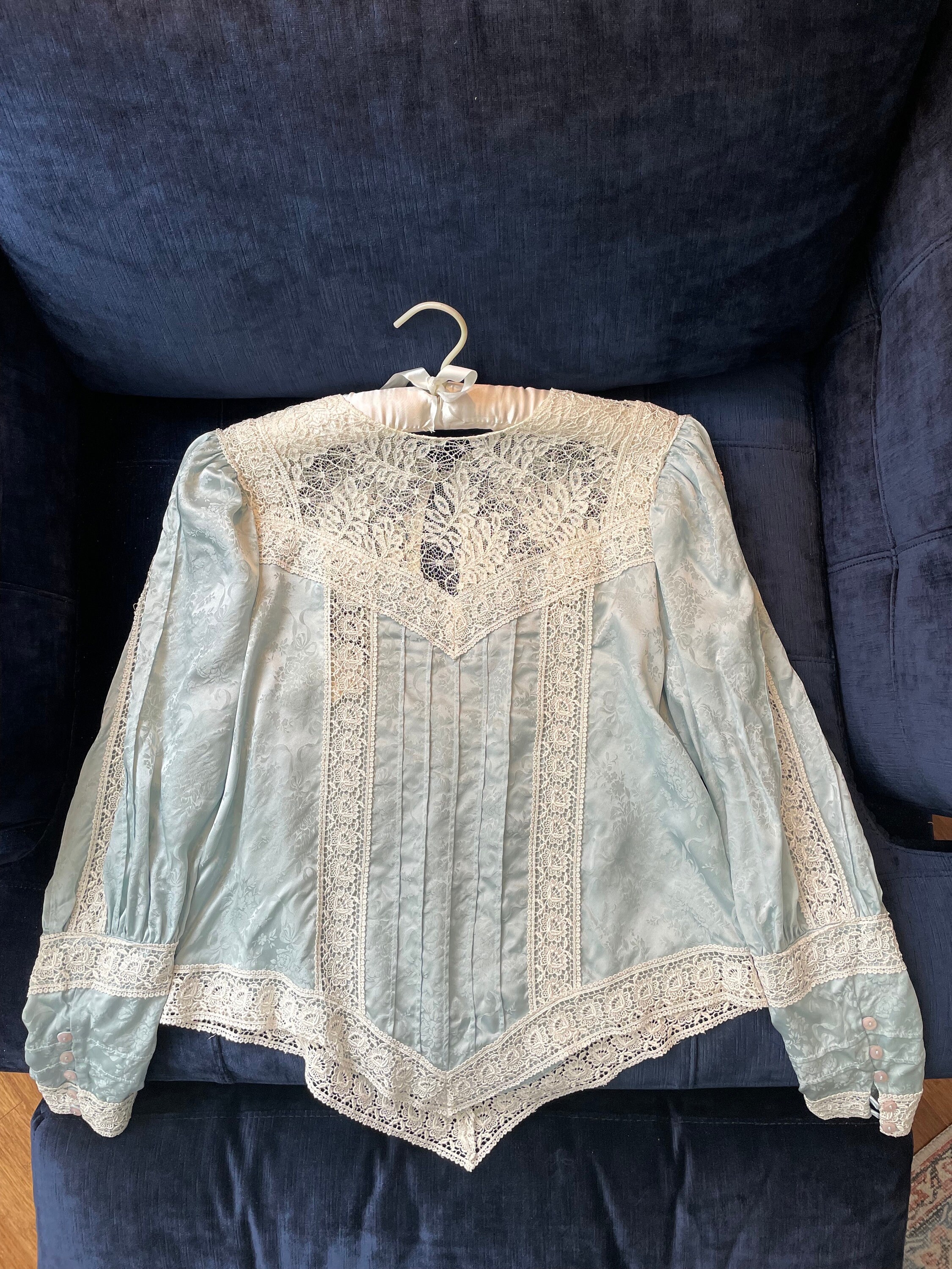Pale Blue Jessica Mcclintock Victorian Style Silk Blouse With Lace Trim ...