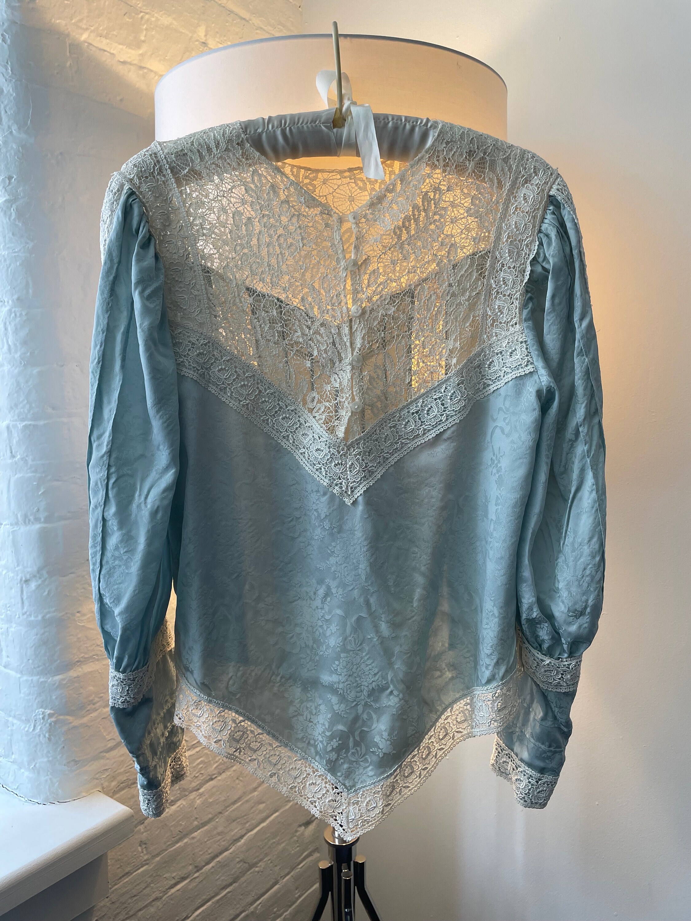 Pale Blue Jessica Mcclintock Victorian Style Silk Blouse With Lace Trim ...