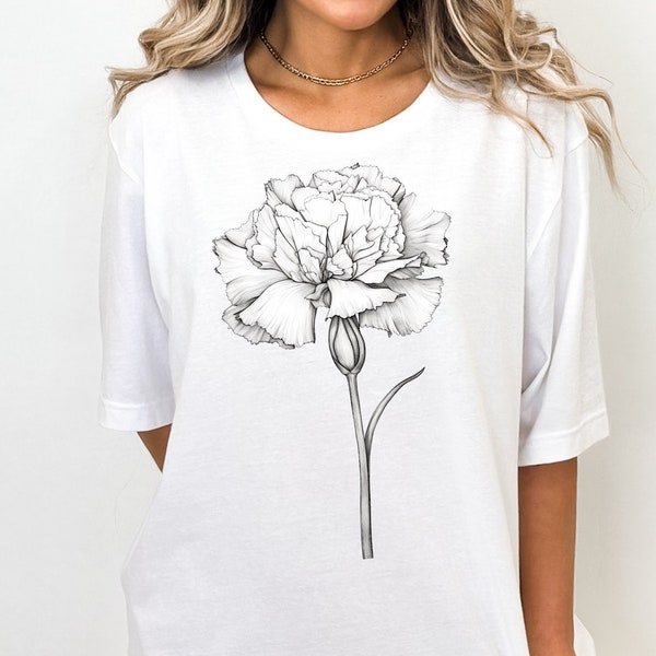 Line Art Carnation T Shirt Flower Drawing Shirt Unique Mother Gift, Pressed Flowers Tshirt  Pastel Floral Nature Shirt Wildflowers T-Shirts