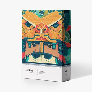 May include: A rectangular puzzle box featuring a vibrant, stylized illustration of a feathered serpent deity in shades of orange, yellow, teal, and dark blue. The white base of the box displays the text PIPIRIPAU, KUKULKAN, 500-PIECE PUZZLE, and 18" x 22".