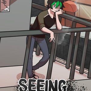 Pode incluir: Ilustração em estilo de banda desenhada com uma pessoa com cabelo preto com madeixas verdes encostada a uma grade, fumando. A imagem tem o texto "SEEING DEMONS" na parte inferior. Uma placa para escadas é visível. A paleta de cores é suave com tons de castanho, cinzento e azul.