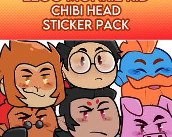 May include: A set of nine colorful cartoon character stickers featuring the characters from the Lego Monkie Kid animated series. The stickers feature the characters' heads in a chibi style, with large eyes and exaggerated features. The characters include the Monkey King, Pigsy, Sandy, MK, Lady Bone Demon, and more.