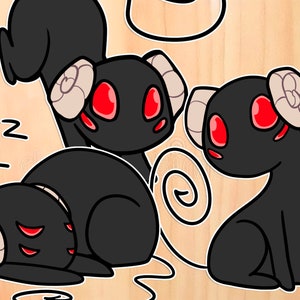May include: Three black cartoon animals with red eyes and white horns. The animals are sleeping, sitting, and standing. The background is a light wood grain.